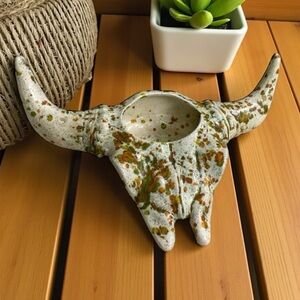 Vintage Ceramic Bull Skull Planter | Southwestern Speckled Pottery Western Decor